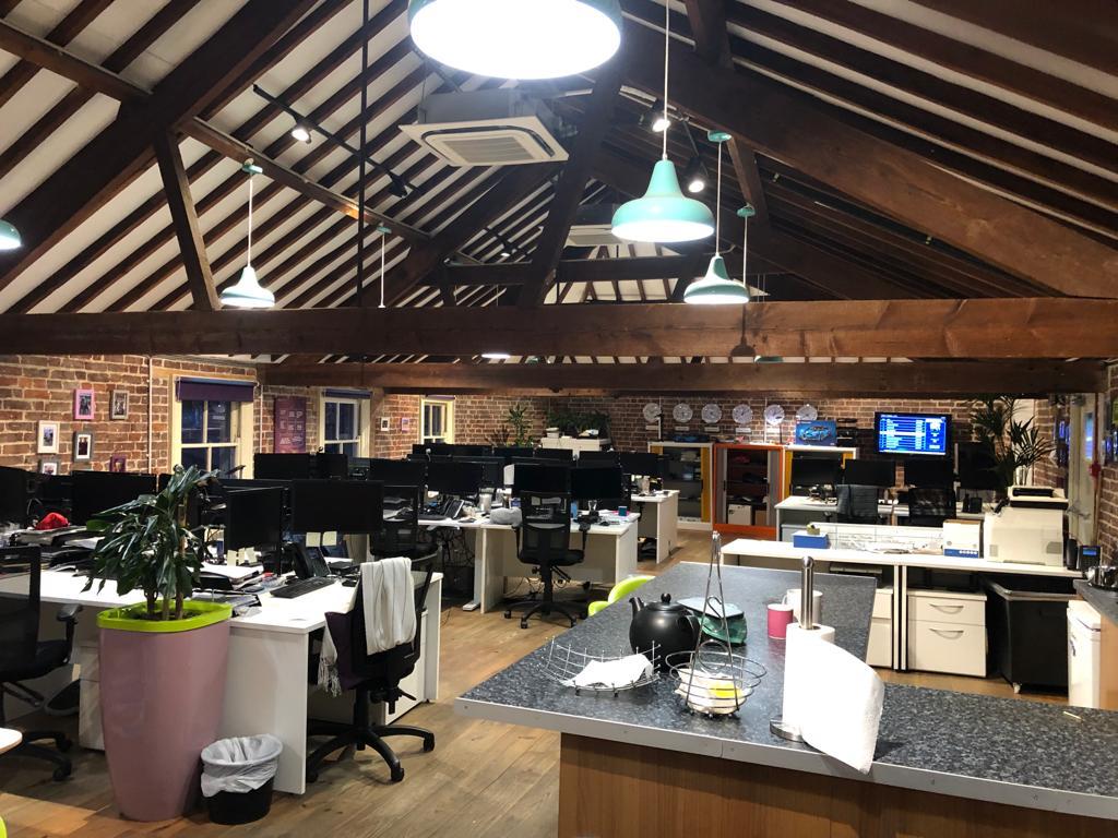 Commercial LED pendant lighting in converted barn office